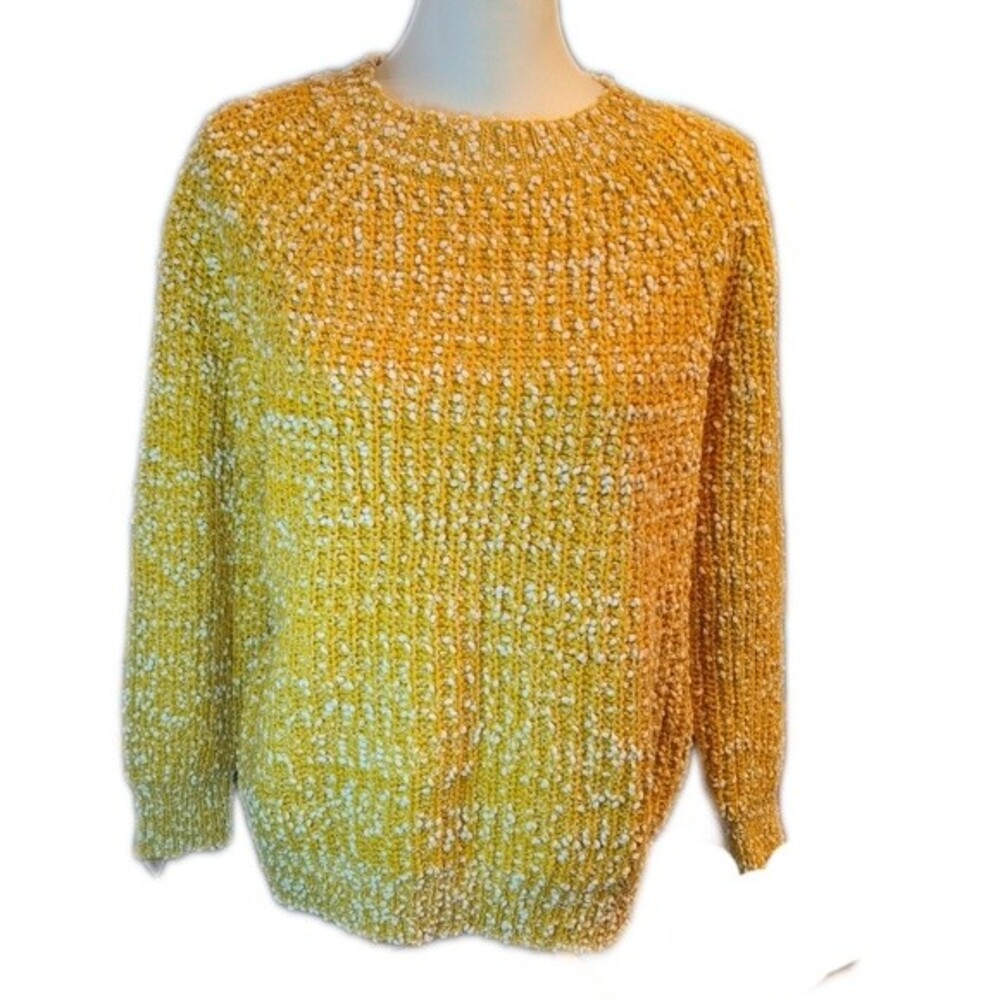 Pinklicious yellow & white nubby knit crew neck sweater, cozy comfy S/M